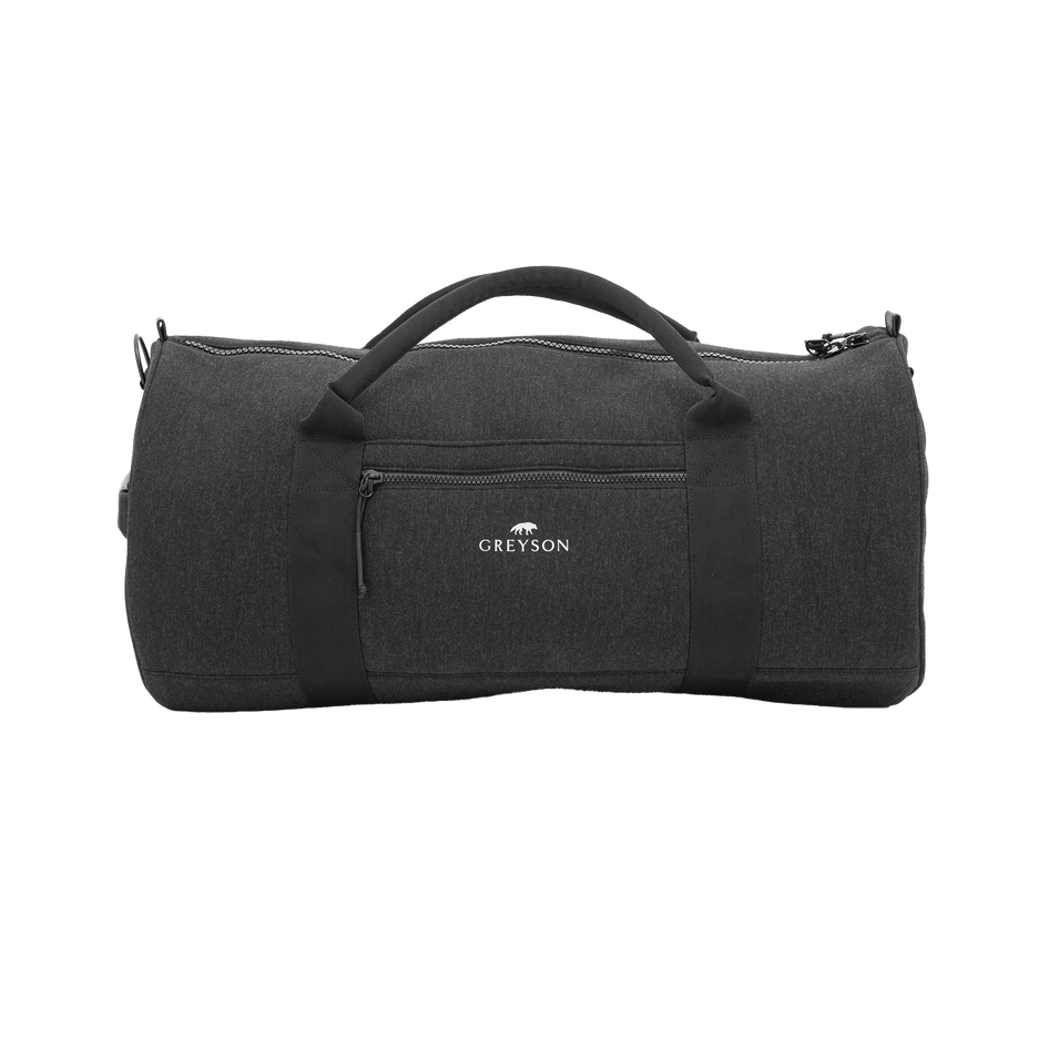 Dark Grey Heather Greyson Duffle Bag - Front View with Zip Pocket & Shoulder Strap | Greyson Clothiers