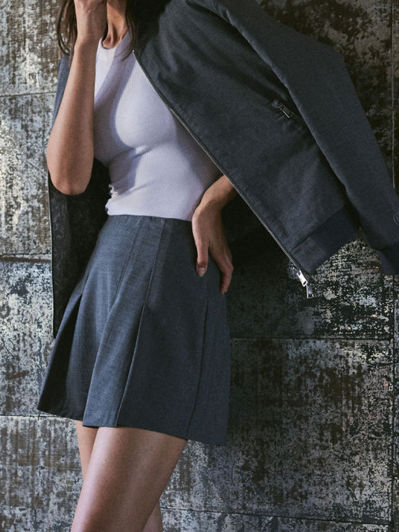Slate Grey Pleated Golf Skirt & Zip Bomber Jacket - Waist & Pleat Close-Up Detail | Greyson Clothiers