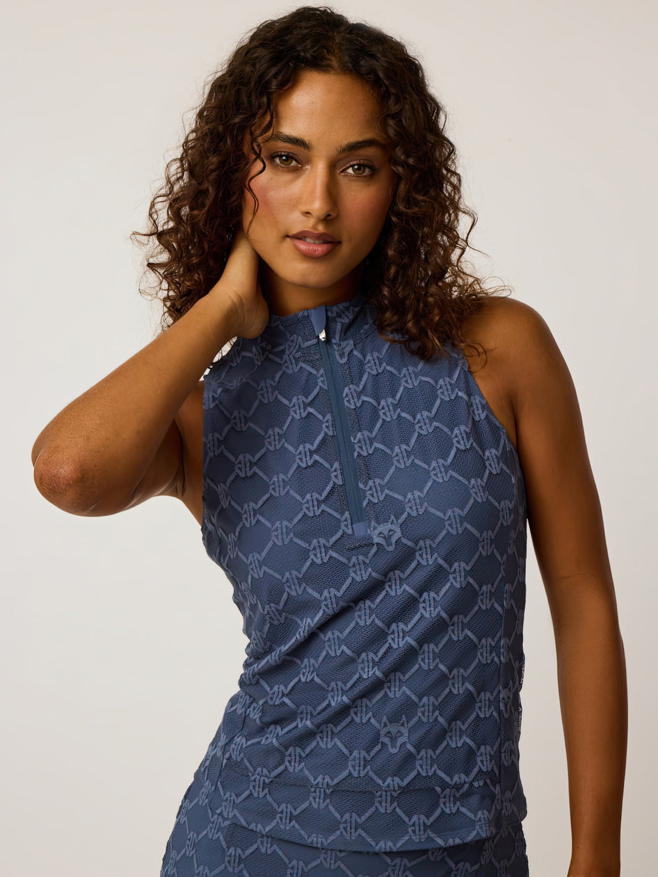 Blue Wolf-Print Jacquard Women's Sleeveless Golf Top - Front View On Model | Greyson Clothiers