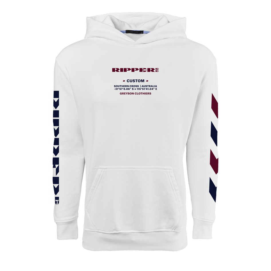 Arctic Ripper GC Aspen Hoodie - Front View, Ripper GC Chest Graphic & Chevron Sleeve Detail | Greyson Clothiers