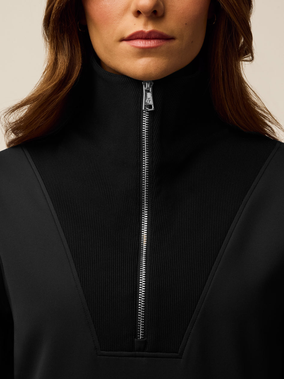Black Soleil Half Zip Pullover - Silver Zipper & Ribbed Collar Close-Up Detail | Greyson Clothiers