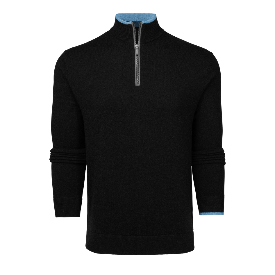 Shepherd Cashmere Sebonack Quarter-Zip Sweater - Front View, Suede Zipper Placket Detail | Greyson Clothiers
