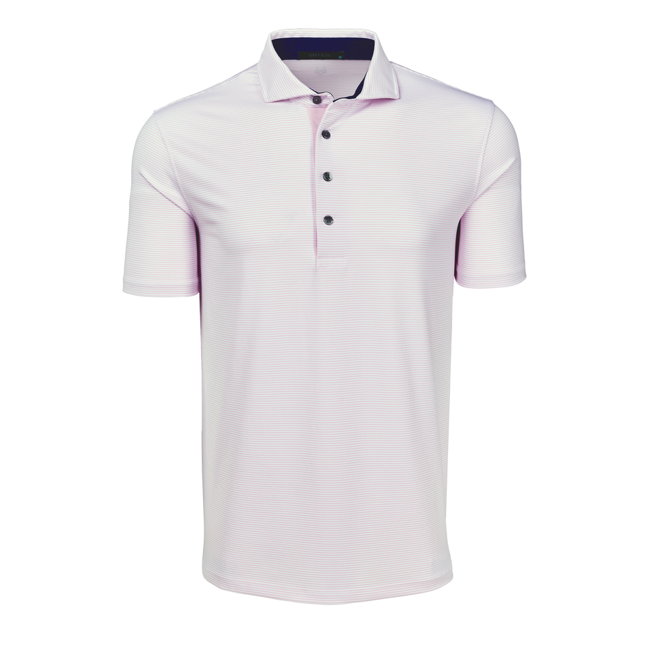 Blossom/Falcon Mini-Stripe Saranac Short Sleeve Golf Polo - Front View | Greyson Clothiers