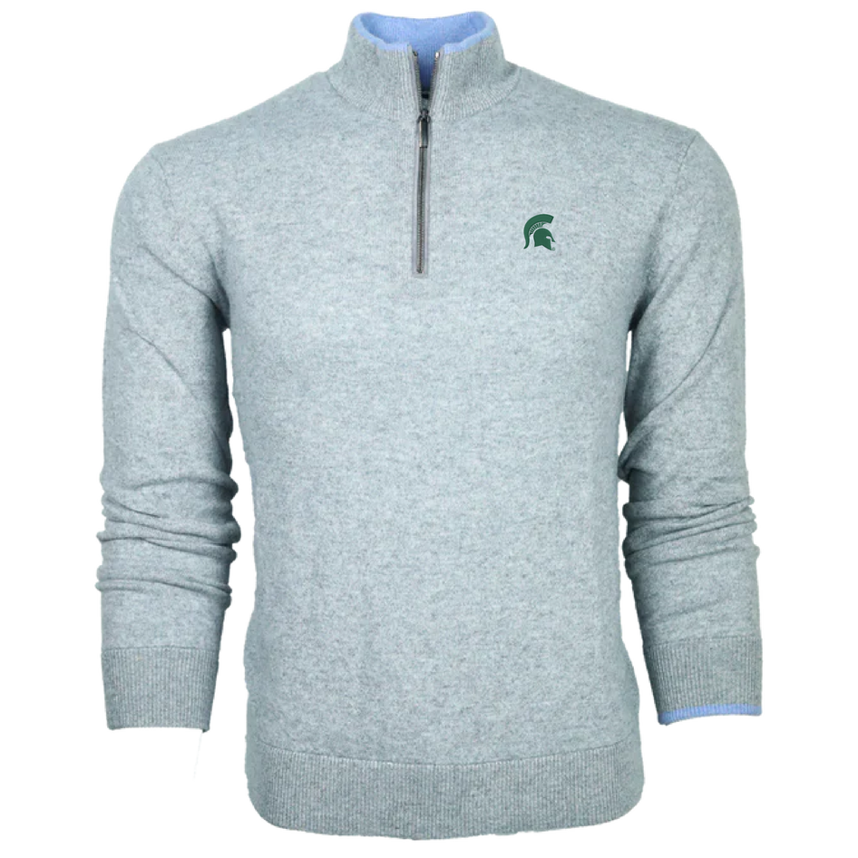 Greyson Clothiers Michigan State Spartan Sebonack Quarter-Zip Sweater in LIGHT GREY HEATHER