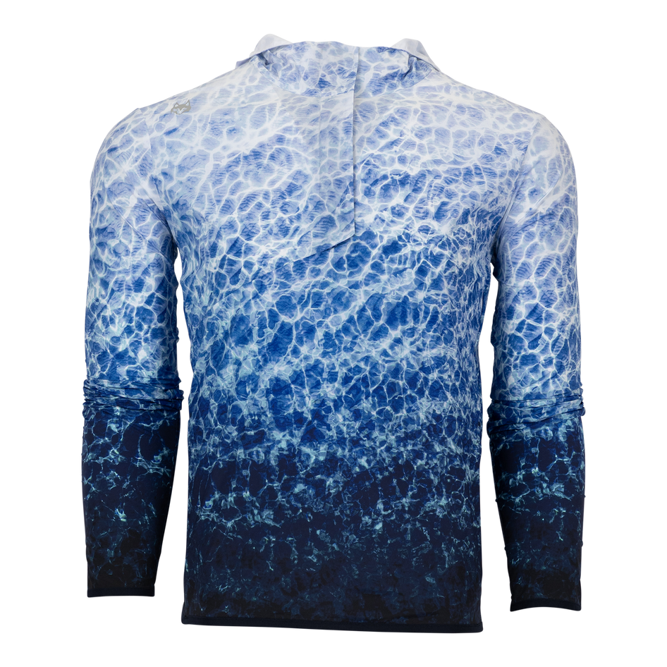 Greyson Clothiers Reflections Newago Pac Lite Jacket in Canal - Back View, Water-Print Nylon Hoodie