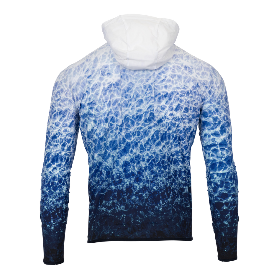 Greyson Clothiers Reflections Newago Pac Lite Jacket in Canal - Back View, Adjustable Scuba Hood Detail
