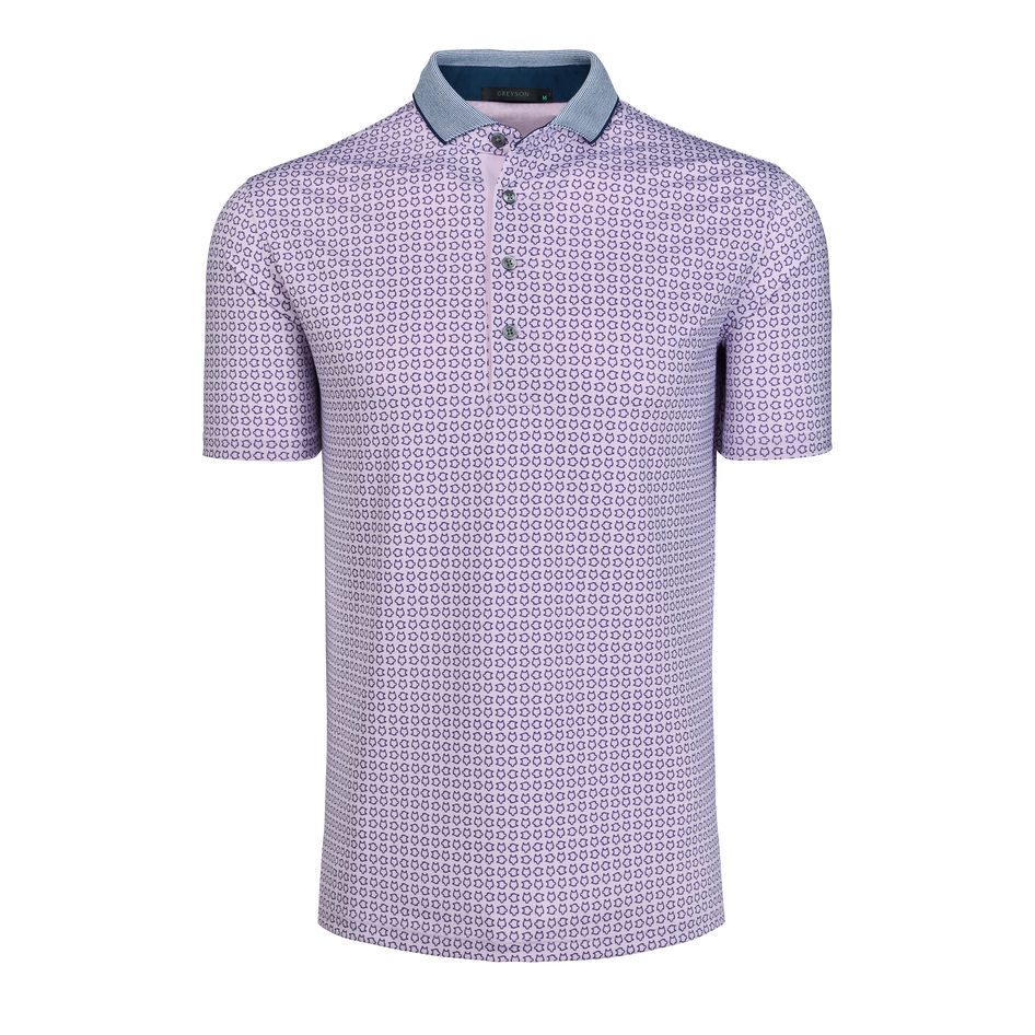 Falcon Icon Edge Men's Printed Performance Golf Polo, Geometric Pattern, Striped Contrast Collar - Front View | Greyson Clothiers