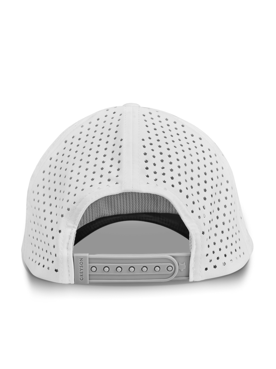 Arctic White Coywolf Golf Hat - Back View, Perforated Construction & Adjustable Strap | Greyson Clothiers