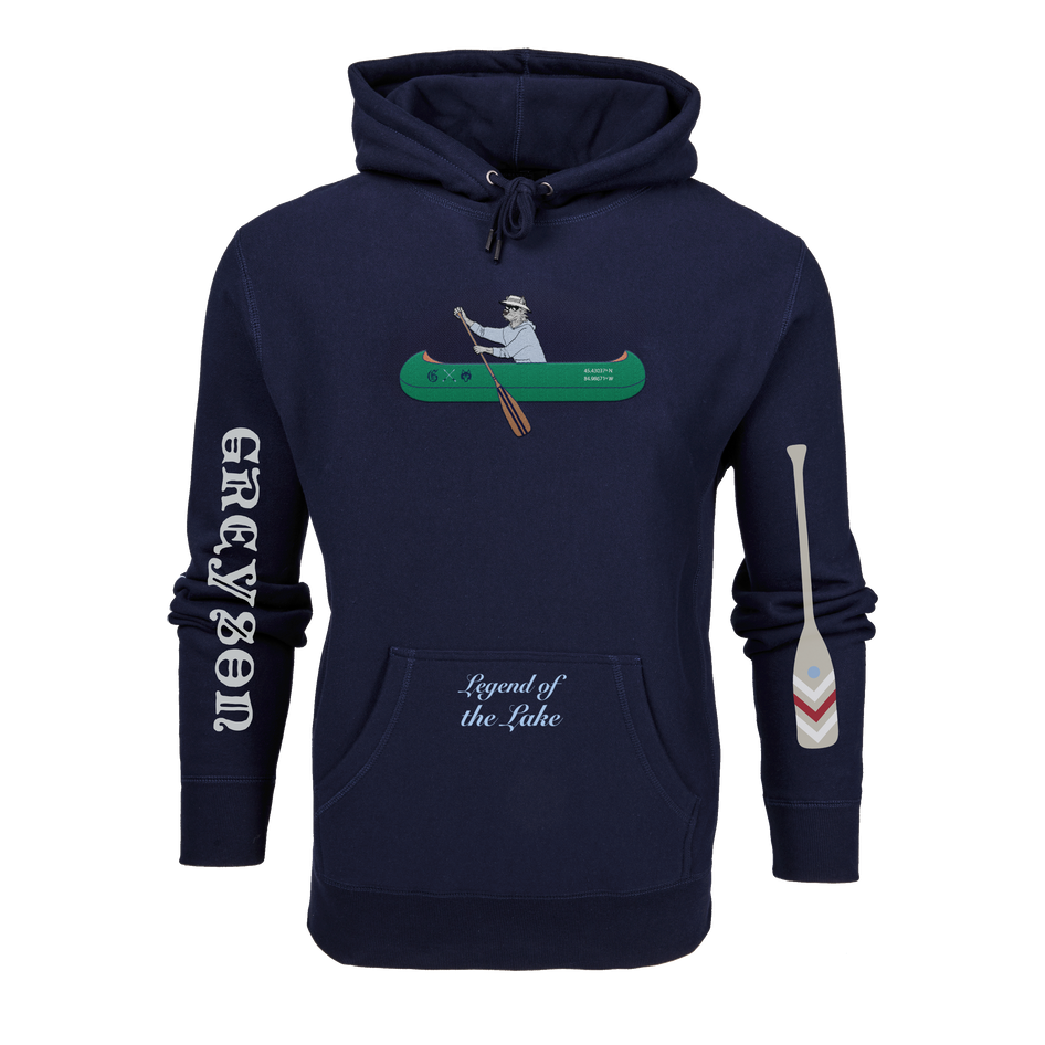 Maltese Blue Paddling Wolf Fireside Hoodie Front View, canoe graphic & sleeve logo | Greyson Clothiers