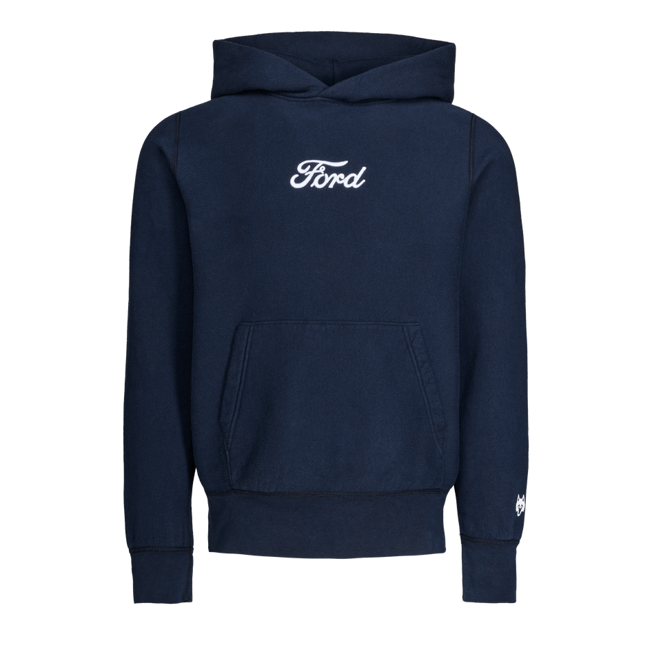 Ford Blue Greyson x Ford Heritage Hoodie - Front View, Embroidered Ford Logo & Wolf Detail | Greyson Clothiers