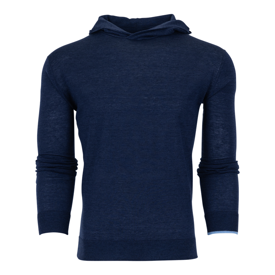 Napeague Merino Wool Sweater Hoodie in Maltese Blue with Contrast Tipping - Front View | Greyson Clothiers