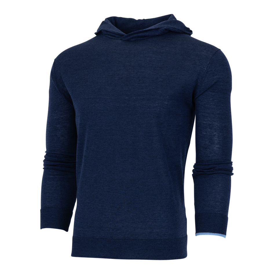 Napeague Merino Wool Sweater Hoodie in Maltese Blue with Contrast Tipping - Three-Quarter Front View | Greyson Clothiers