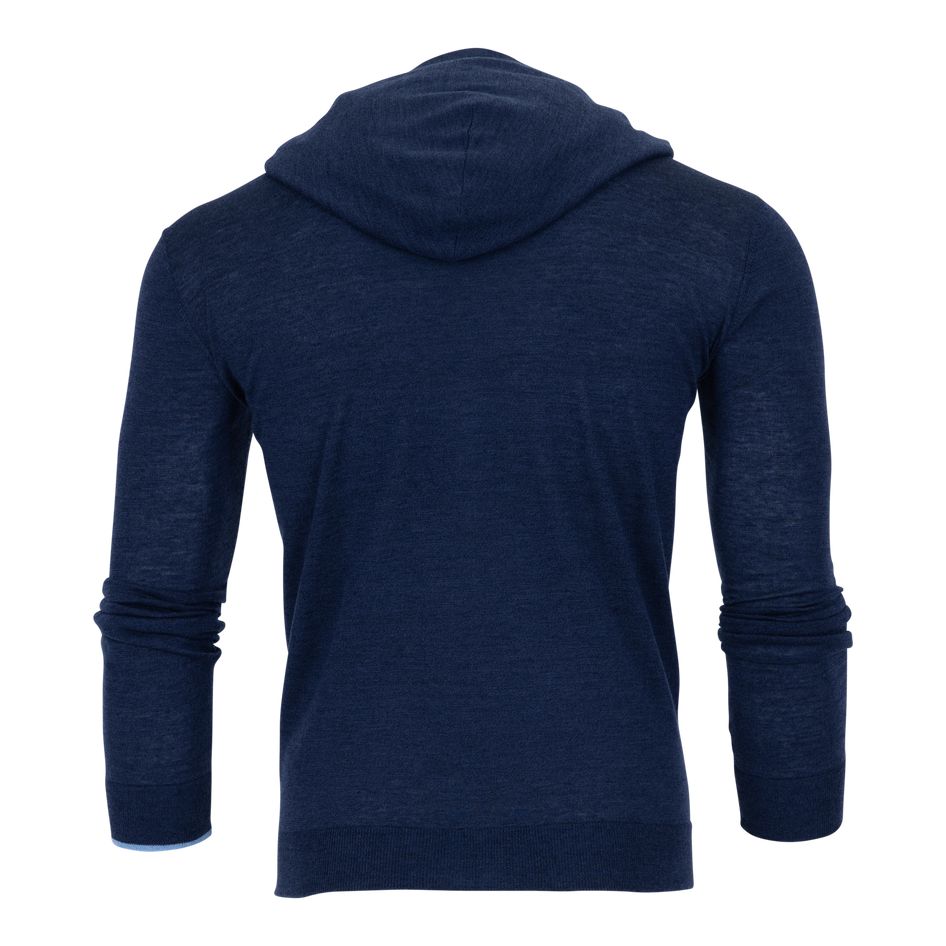 Napeague Merino Linen Sweater Hoodie in Maltese Blue - Back View Showing Hood and Contrast Hem Tipping | Greyson Clothiers