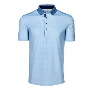 Light Blue Tonal Geometric Print Guardian Short Sleeve Golf Polo, Button-Down Collar, Contrast Placket - Front View | Greyson Clothiers