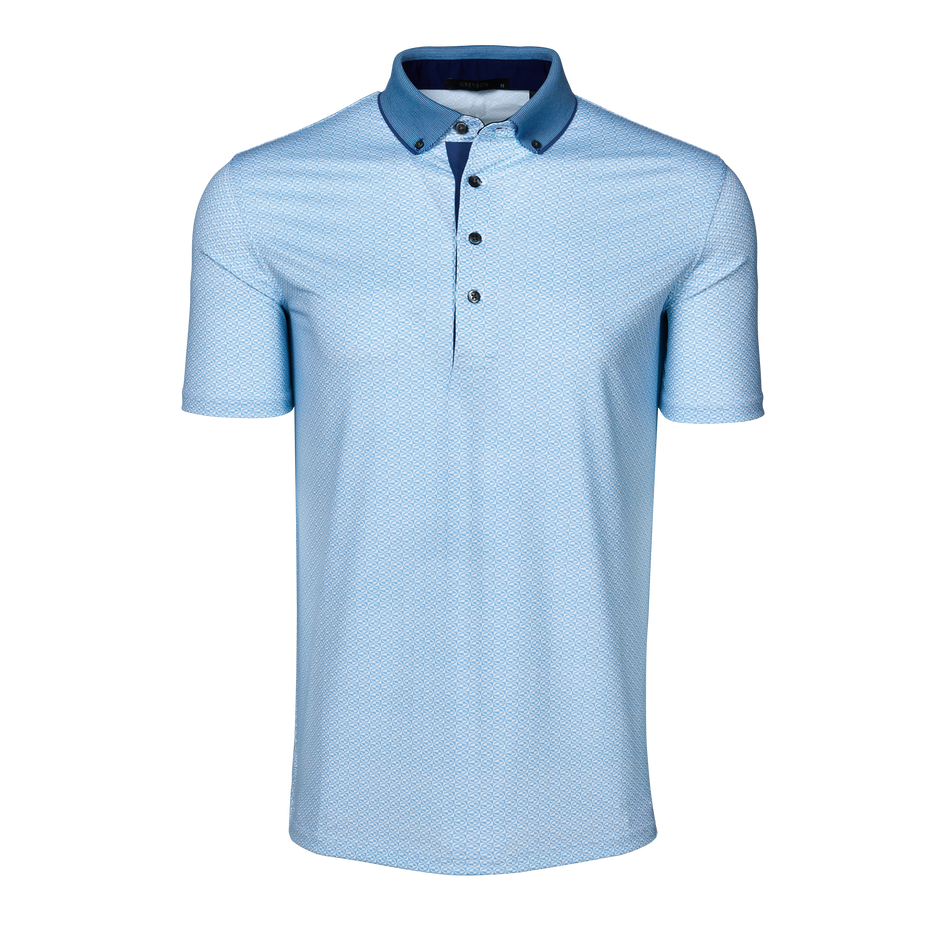 Light Blue Tonal Geometric Print Guardian Short Sleeve Golf Polo, Button-Down Collar, Contrast Placket - Front View | Greyson Clothiers