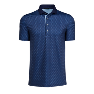 Maltese Blue Deco G Short Sleeve Golf Polo, Geometric G Monogram Print, Contrast Collar - Front View | Greyson Clothiers