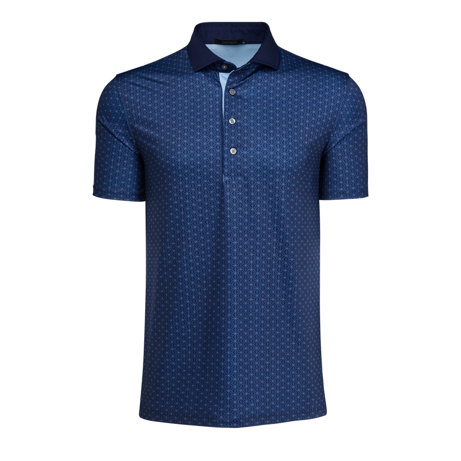 Maltese Blue Deco G Short Sleeve Golf Polo, Geometric G Monogram Print, Contrast Collar - Front View | Greyson Clothiers