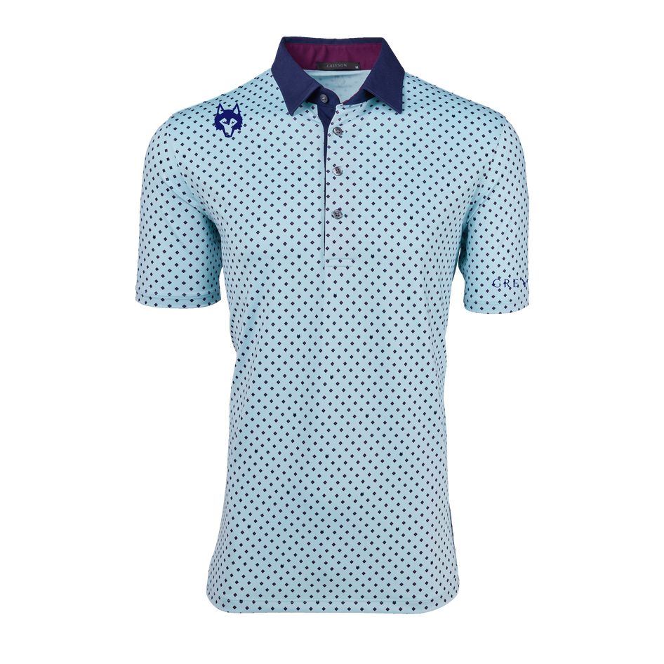 Topaz Players Club G Squared Polo - Front View, Diamond Print, Contrast Navy Collar & Wolf Logo | Greyson Clothiers