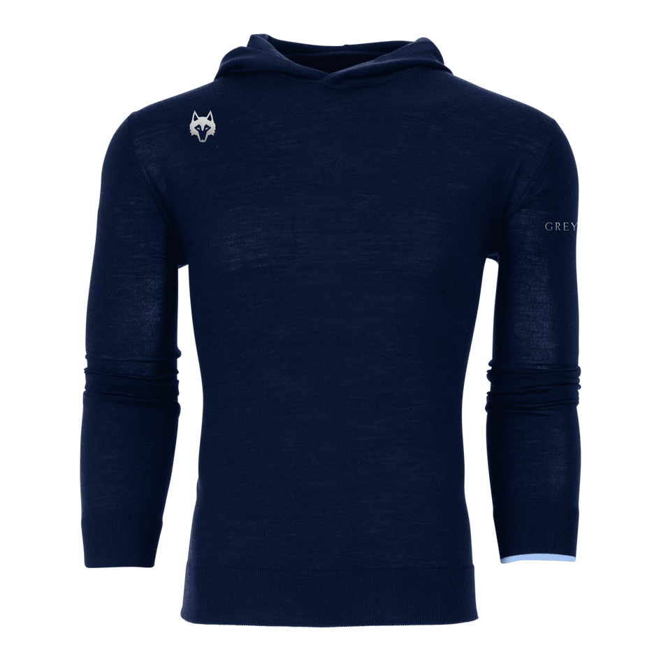 Maltese Blue Merino Wool Players Club Saratoga Hoodie - Front View with Wolf Logo | Greyson Clothiers
