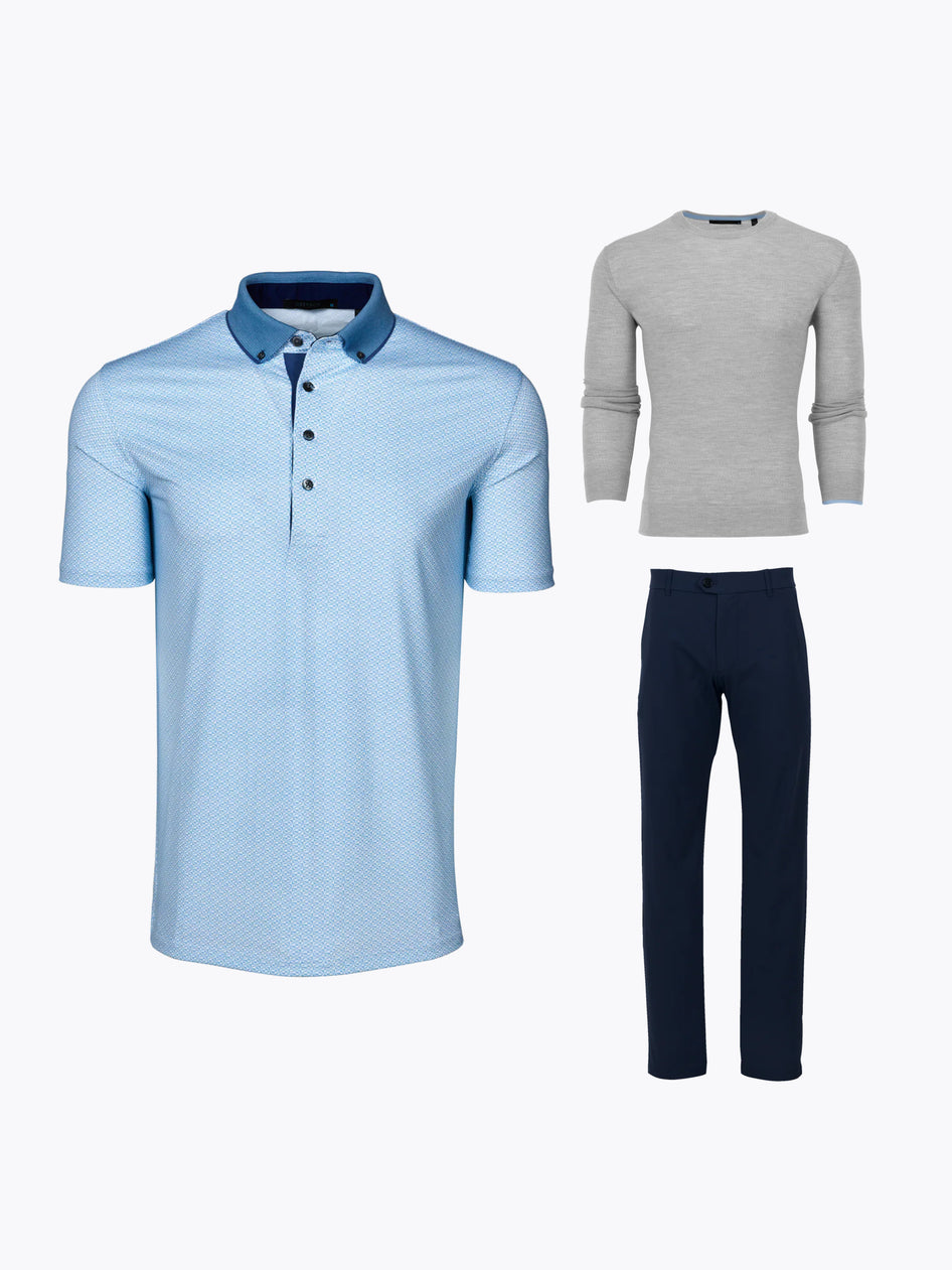 Austin Smotherman PGA 2026 Blue Geometric Print Golf Polo, Heather Grey Crewneck & Navy Performance Trouser - Outfit Flat Lay | Greyson Clothiers