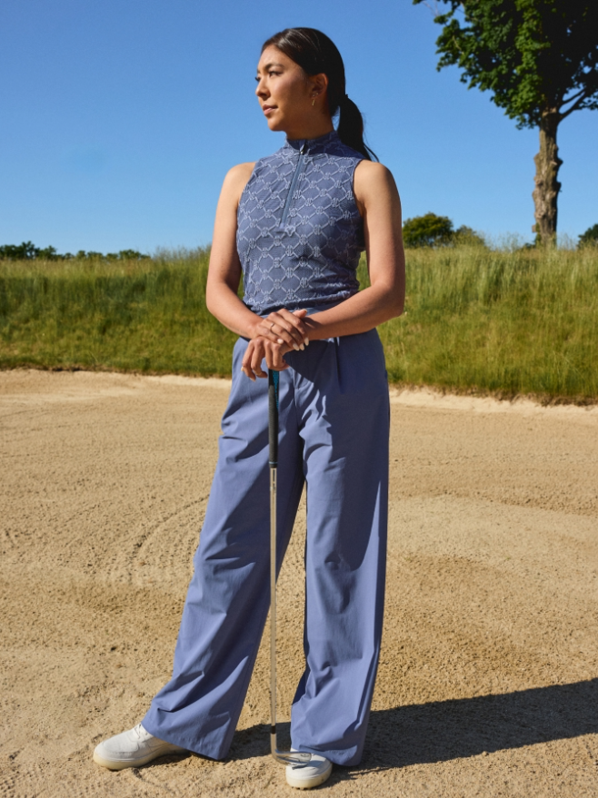 Women's Sport Look - Blue Jacquard Sleeveless Top & Wide-Leg Trouser - Full Front On Course | Greyson Clothiers