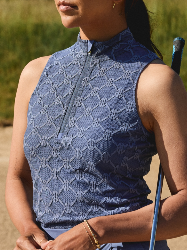 Blue Jacquard Women's Golf Sleeveless Top - Close-Up Zip Detail On Model | Greyson Clothiers