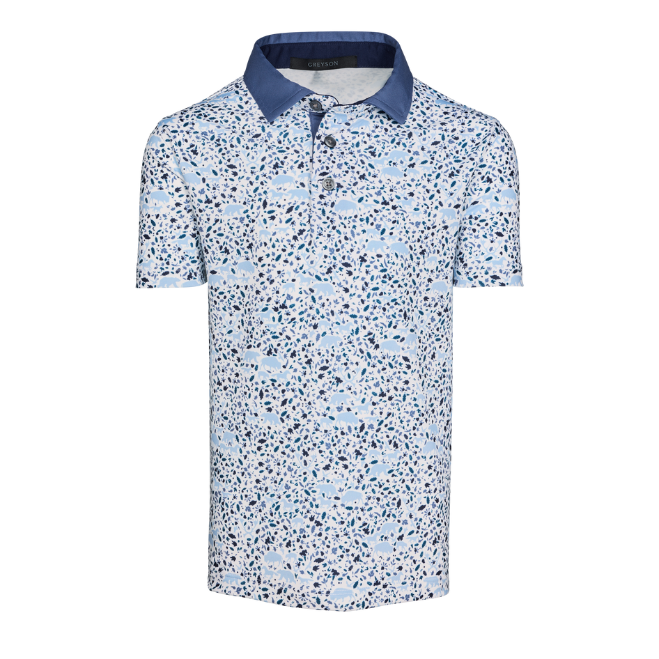 Arctic Buffalo Print Boy's Short Sleeve Polo, Contrast Collar - Front View | Greyson Clothiers