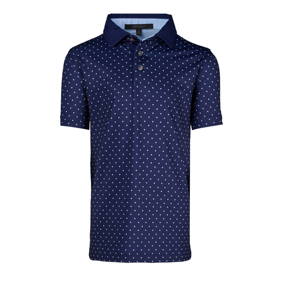 Maltese Blue Boy's Icon Short Sleeve Polo, wolf icon all-over print, 3-button placket - Front View | Greyson Clothiers