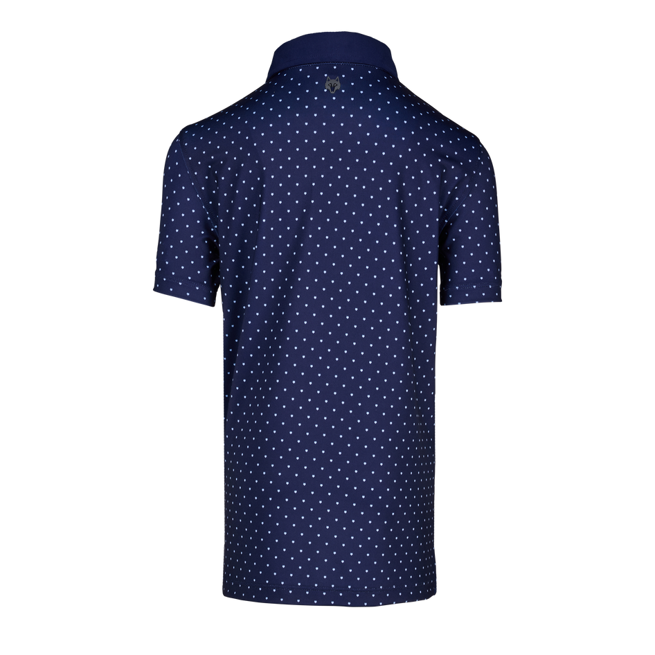 Maltese Blue Boy's Icon Polo, wolf logo at collar, all-over print performance polo - Back View | Greyson Clothiers