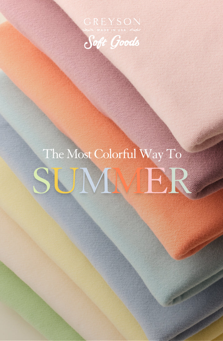 Stack of colorful fabric swatches with 'Greyson' branding and text 'The Most Colorful Way To Summer'.