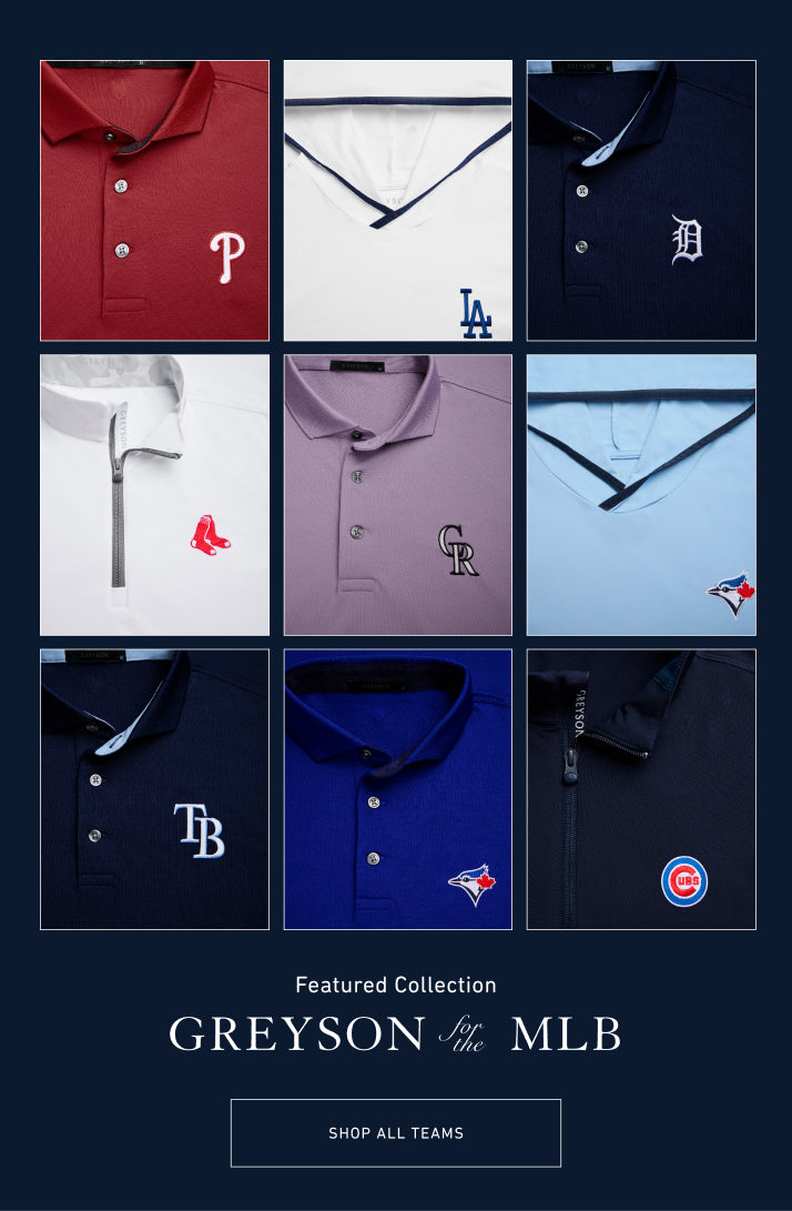 Grid of various polo shirts with MLB team logos on a dark blue background. click to shop all teams