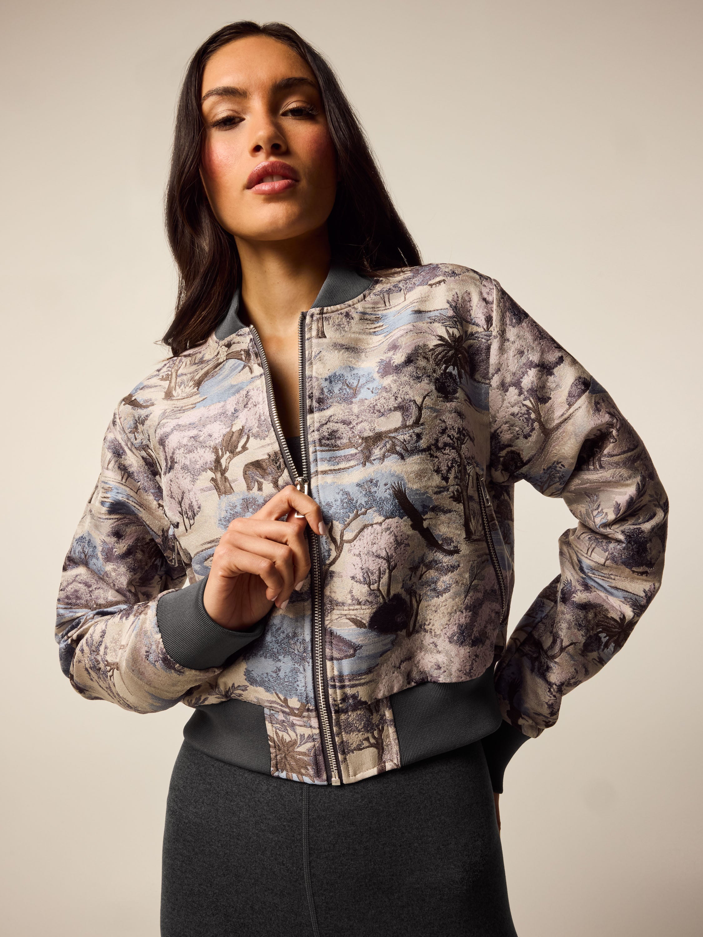 Woof Woof Beagle Pattern Print Women Casual Bomber Jacket