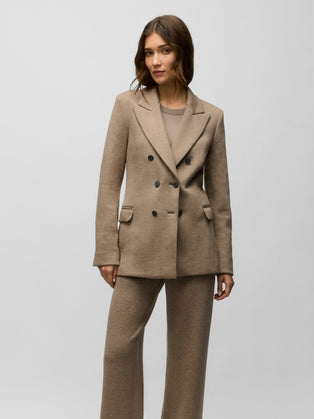 Clay Heather Ojai Double Breasted Blazer - On Model Three-Quarter View, Styled with Matching Trousers | Greyson Clothiers
