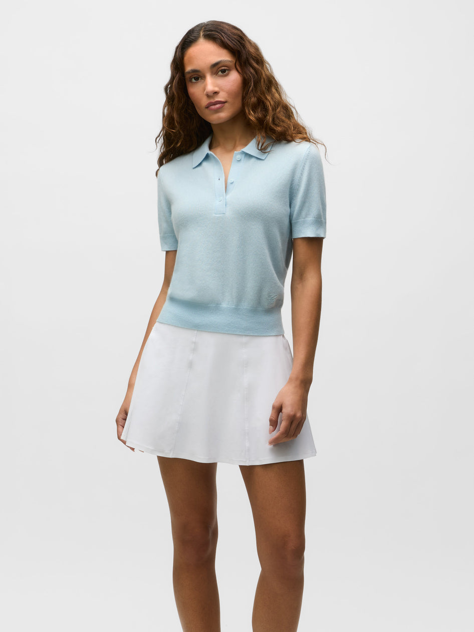Mineral Mist Bardot Cashmere Short Sleeve Polo Sweater - Front On Model | Greyson Clothiers
