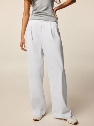 Greyson Clothiers 30" Phoenix Wide Leg Trouser in Arctic - Front Angle, Pleated Italian Stretch Trouser On Model