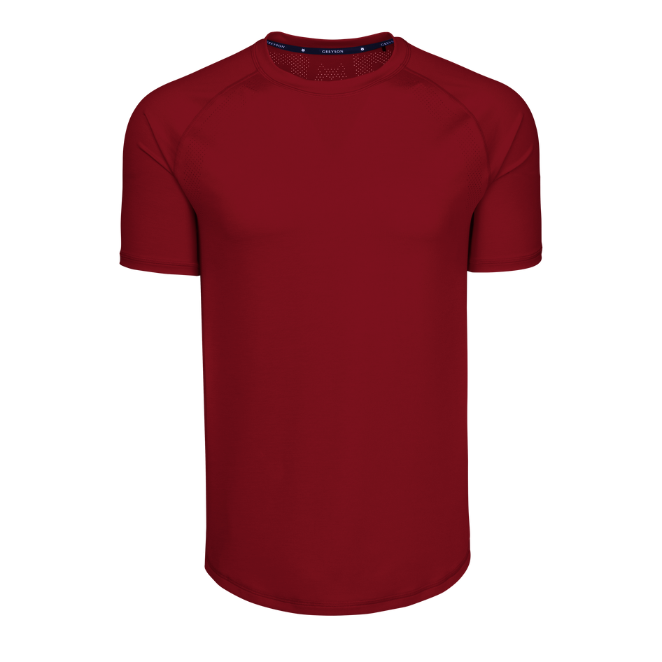 Varsity Red Technical Sport Tee - Front View, Raglan Sleeve Perforated Detail | Greyson Clothiers
