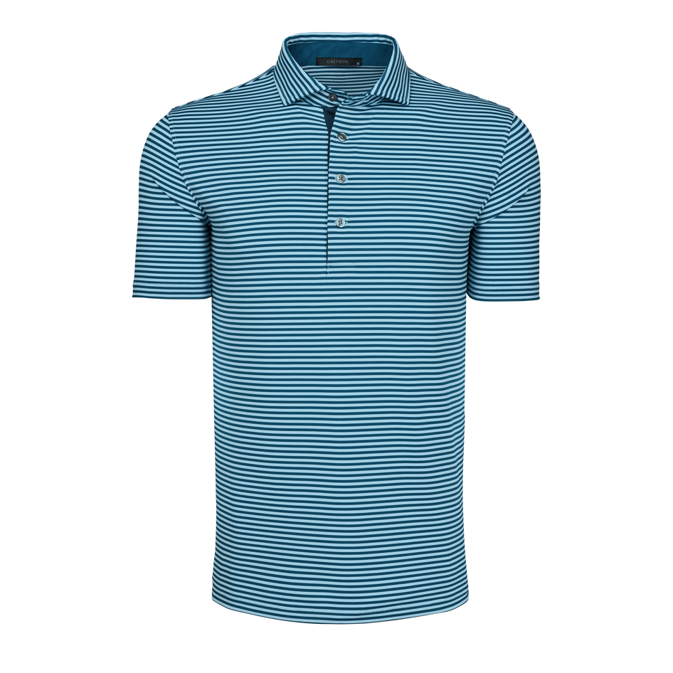 Wolf Blue/Grove Striped Performance Golf Polo - Front View | Greyson Clothiers