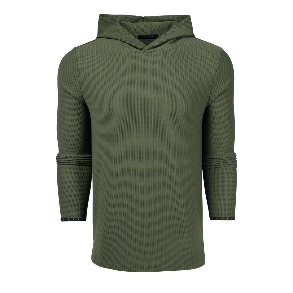 Camp Olive Waffle Hoodie - Front View, Men's Stretch Waffle Knit Golf Hoodie | Greyson Clothiers