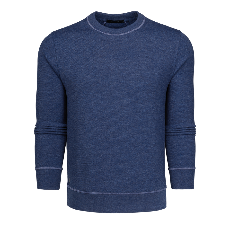 Vintage Indigo Heathered Fleece Troy Crewneck with Coverstitch Detail - Front View | Greyson Clothiers