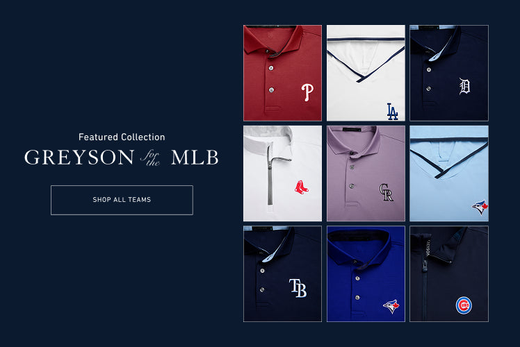 Collage of Greyson MLB polo shirts with team logos on a dark blue background. click to shop all teams