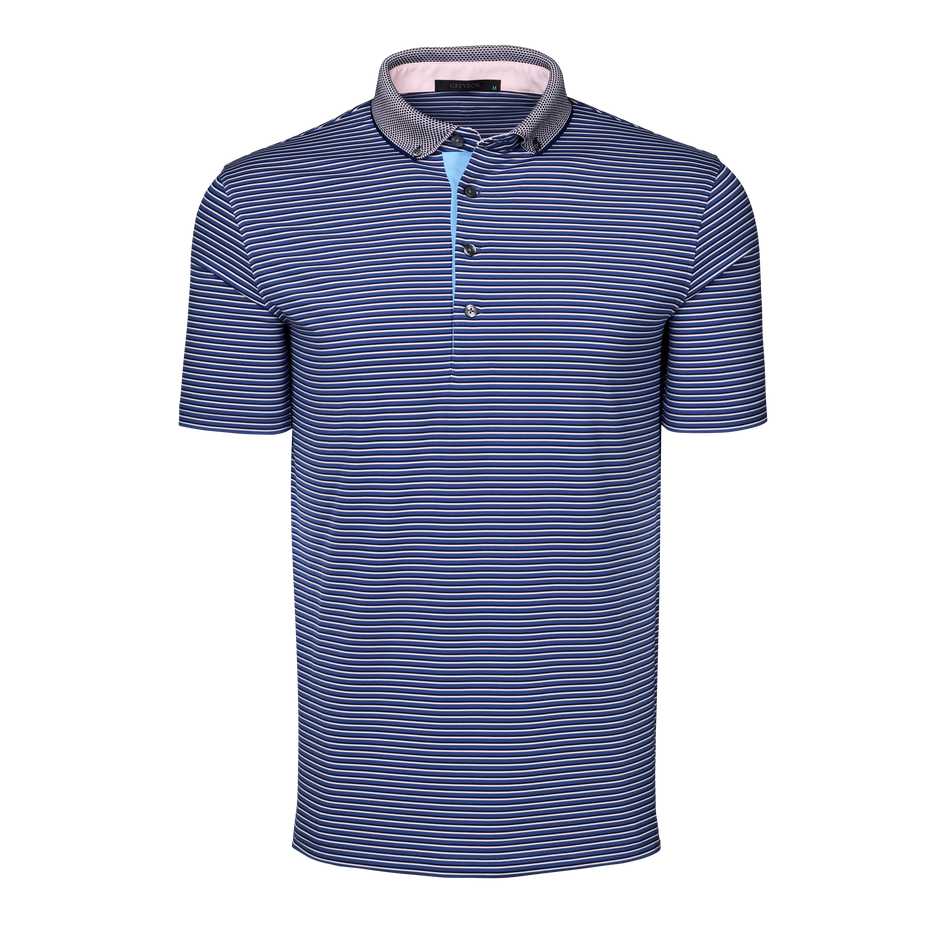 Falcon Navy Striped Performance Polo Knit Jacquard Collar - Front View | Greyson Clothiers