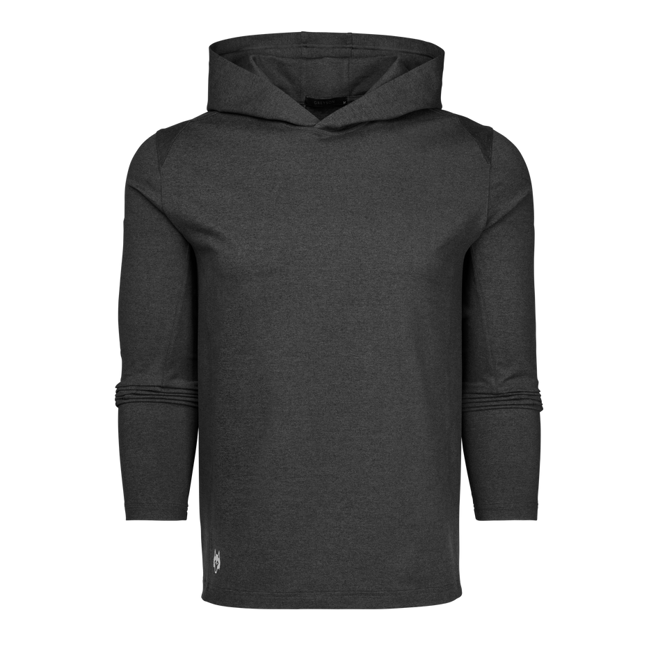 Dark Grey Heather Rhinebeck Hoodie - Front View, Wolf Logo Detail | Greyson Clothiers