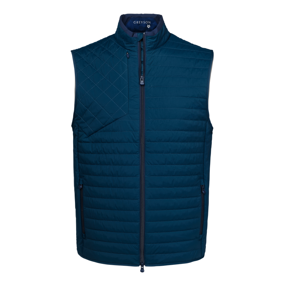 Vintage Indigo Quilted Hybrid Vest, Full-Zip Lightweight - Front View | Greyson Clothiers Yukon