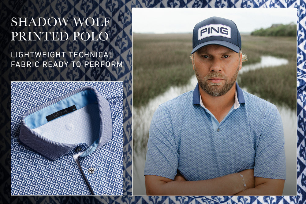 Man wearing a blue patterned polo shirt with a cap, set against a natural background. Text reads: Shadow wolf printed polo: lightweight technical fabric ready to perfom
