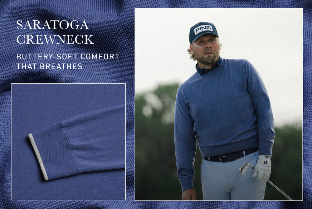 Man wearing a blue sweater and cap with a golf club, on a textured blue background. Text reading: Saratoga Crewneck: Buttery-soft comfort that breathes