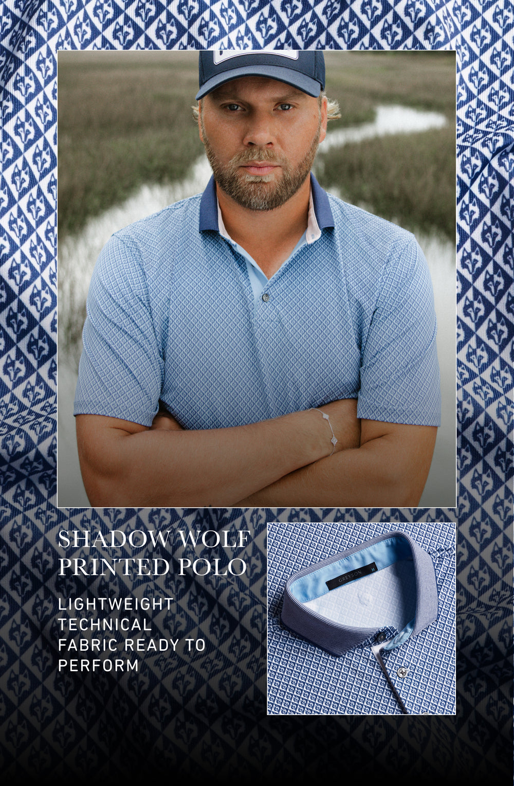 Man wearing a blue patterned polo shirt with a cap, set against a natural background. Text reads: Shadow wolf printed polo: lightweight technical fabric ready to perfom