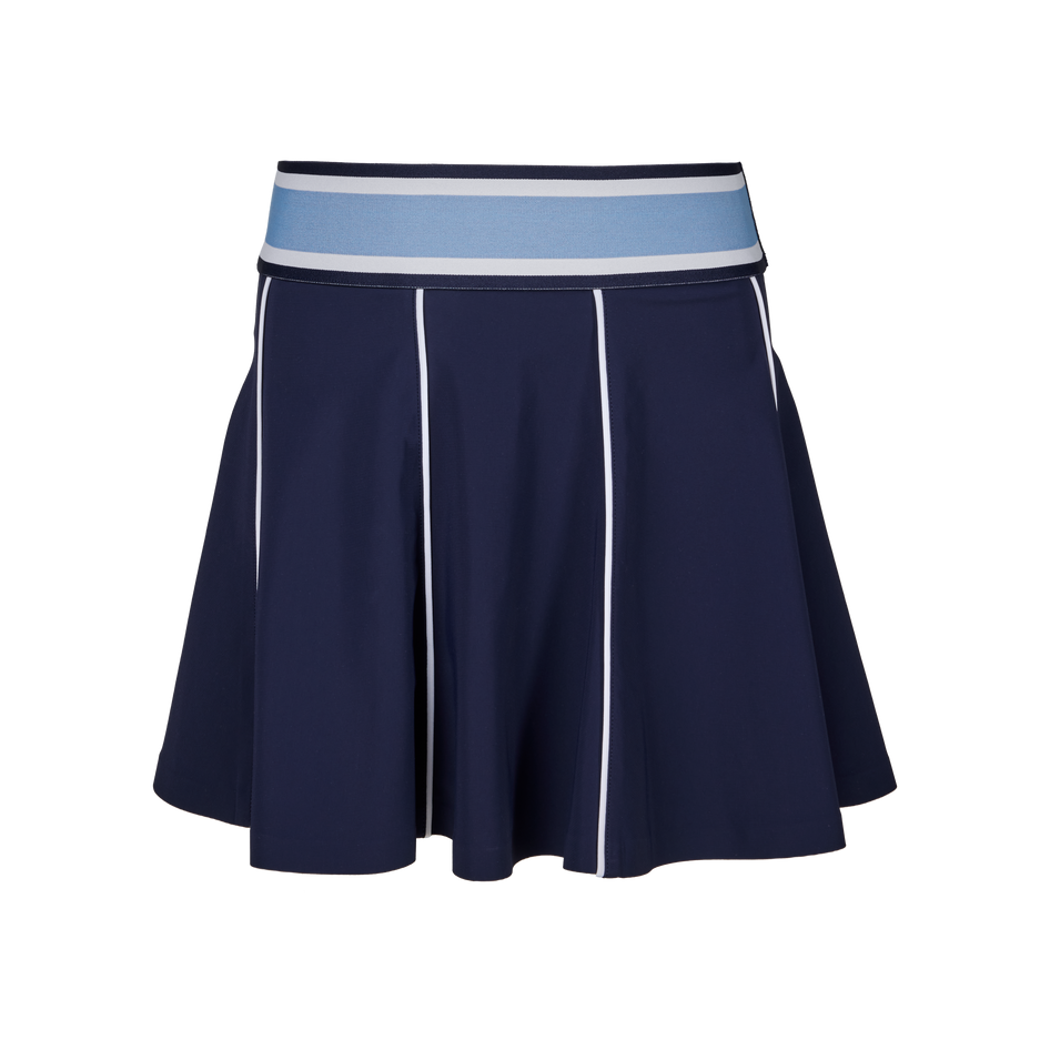 Maltese Blue Girl's Phoenix Flare Skirt - Front View, Striped Waistband & White Piping | Greyson Clothiers