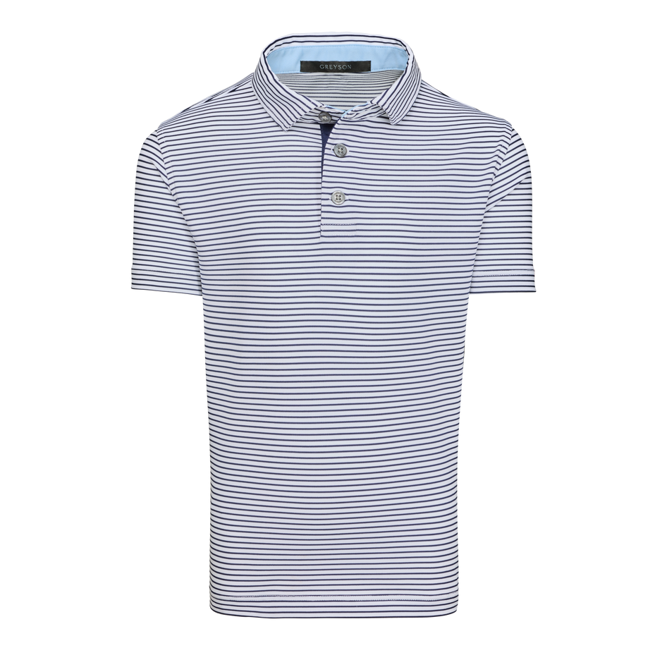 Arctic/Maltese Blue Striped Boy's Quogue Short Sleeve Polo - Front View | Greyson Clothiers