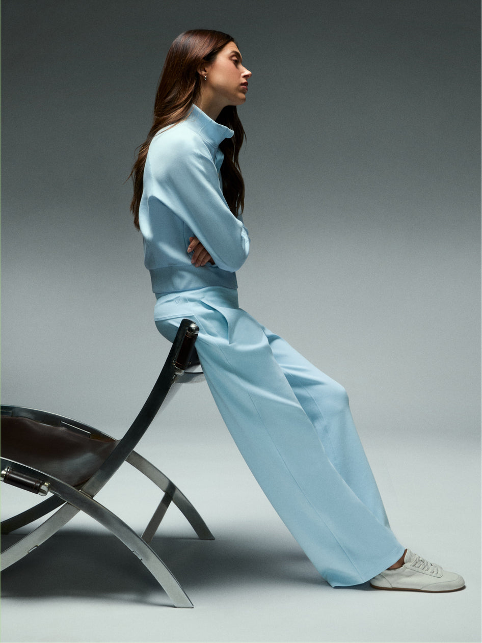 Arctic Blue Women's Performance Zip Jacket and Wide-Leg Pants - Side Profile Styled Look | Greyson Clothiers