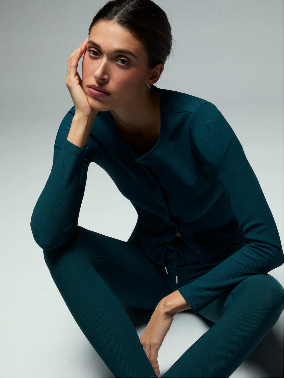 Teal Women's Cardigan & Drawstring Legging Set - Seated Lifestyle Shot | Greyson Clothiers